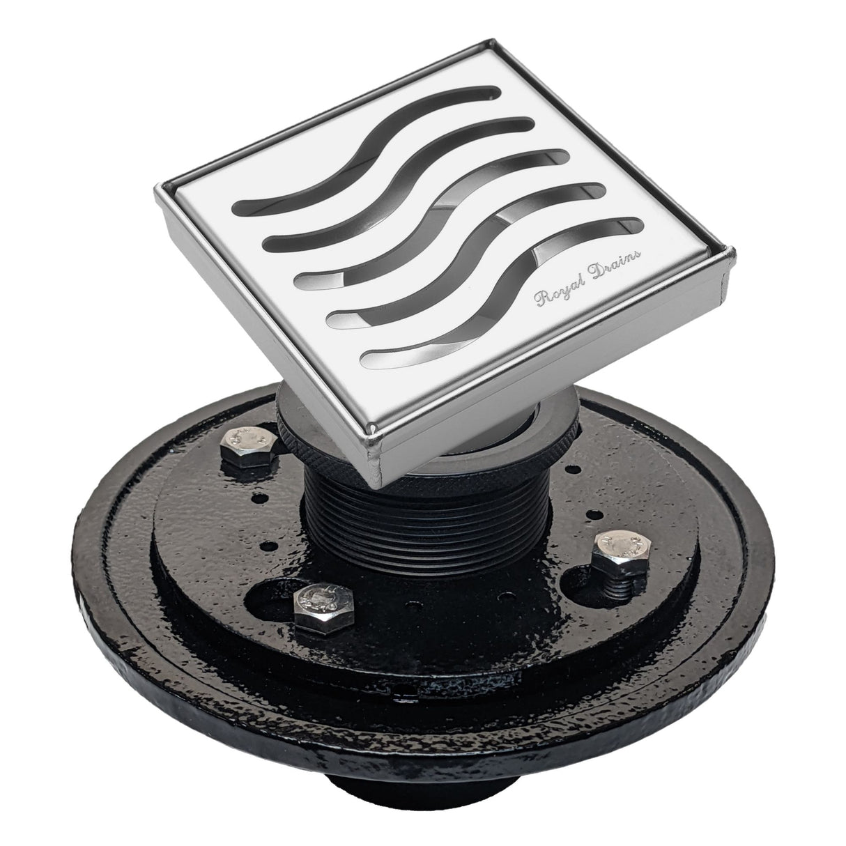 SereneDrains Square Shower Drain Kit with Base - Ocean Wave - Polished Chrome - 4 Inch
