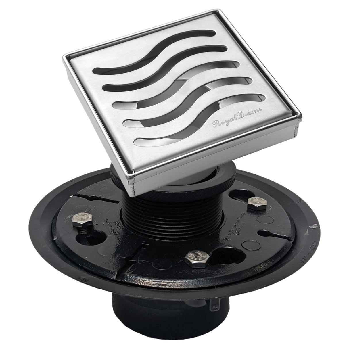 SereneDrains Square Shower Drain Kit with Base - Ocean Wave - Brushed Nickel - 4 Inch
