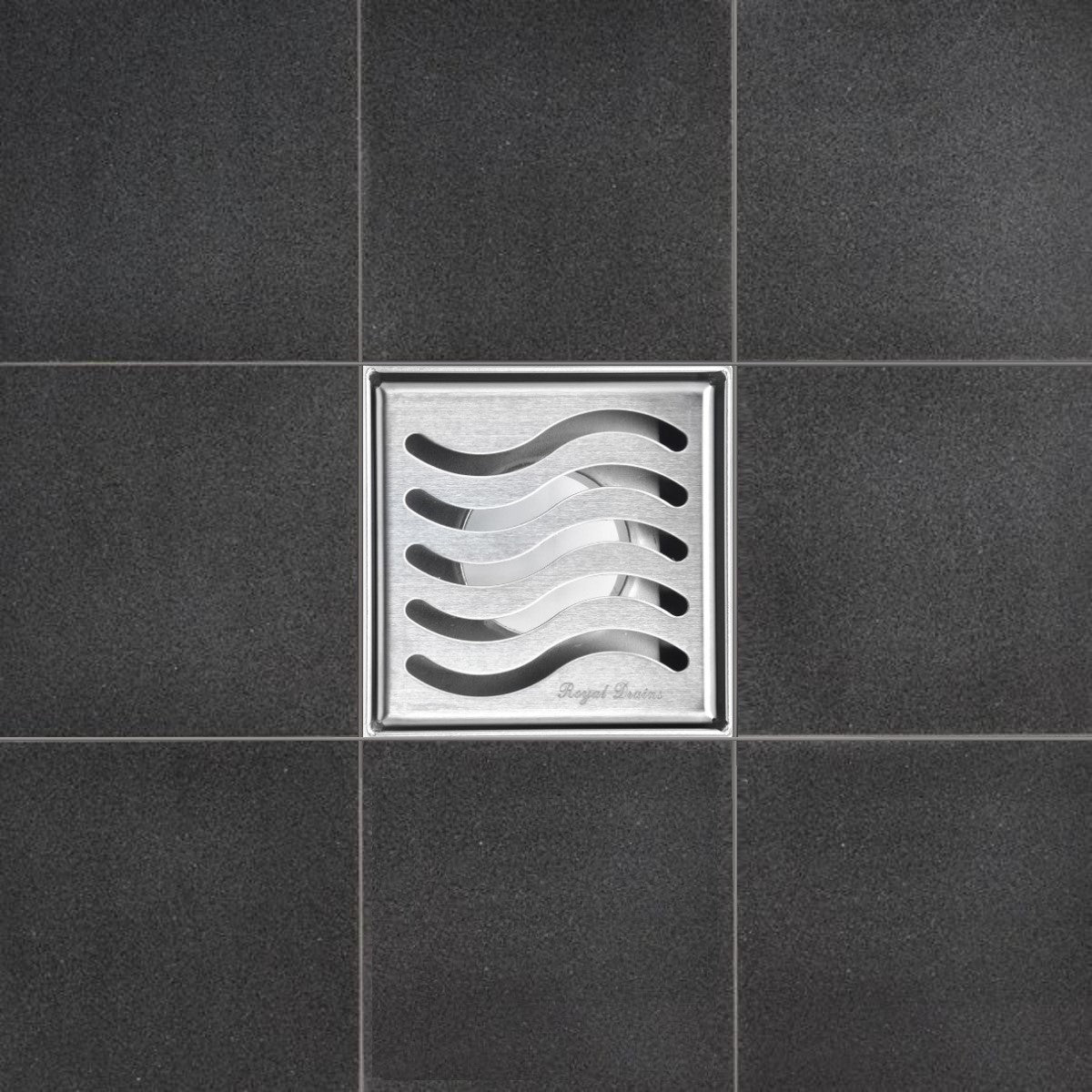 SereneDrains Square Shower Drain Kit with Base - Ocean Wave - Brushed Nickel - 4 Inch
