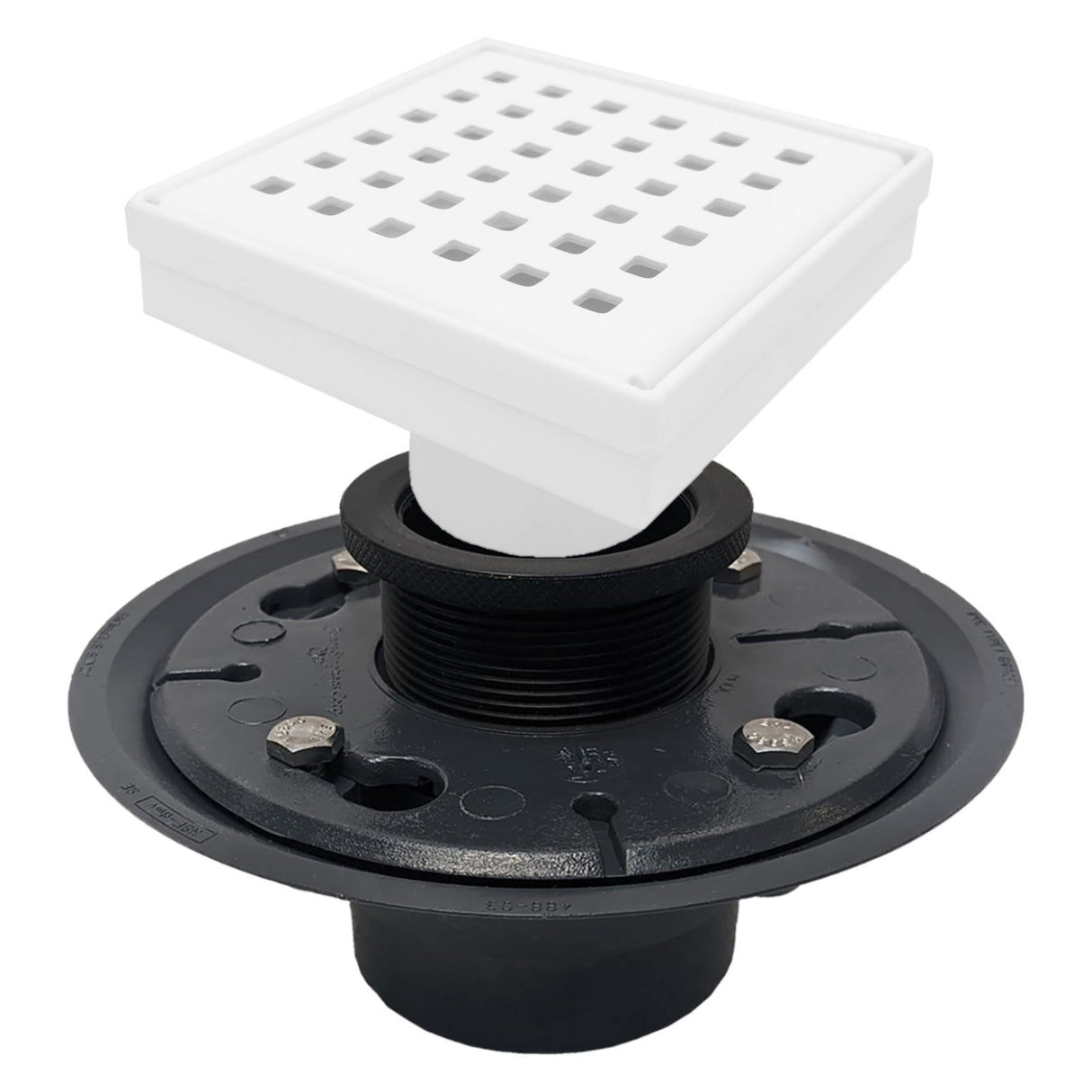 SereneDrains Square Shower Drain Kit with Base - Traditional Square - Matte White - 4 Inch