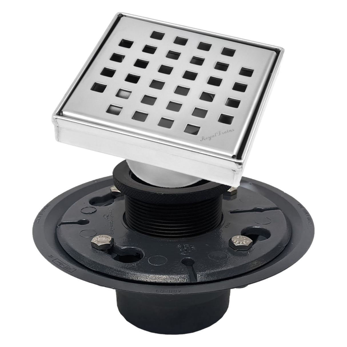 SereneDrains Square Shower Drain Kit with Base - Traditional Square - Polished Chrome - 4 Inch