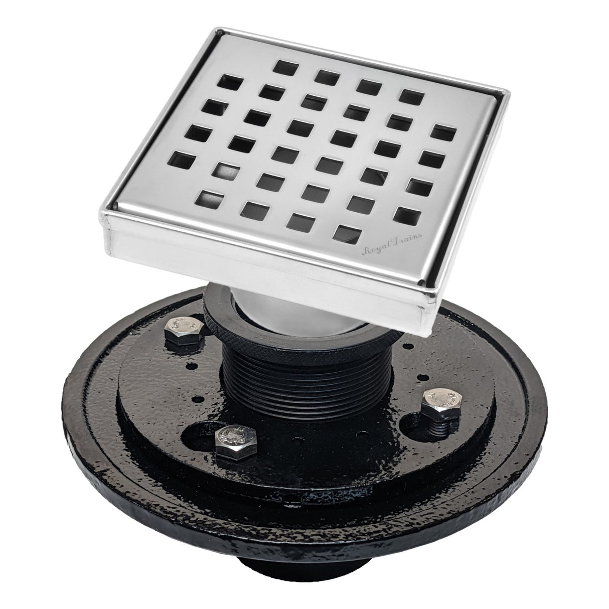 SereneDrains Square Shower Drain Kit with Base - Traditional Square - Polished Chrome - 4 Inch