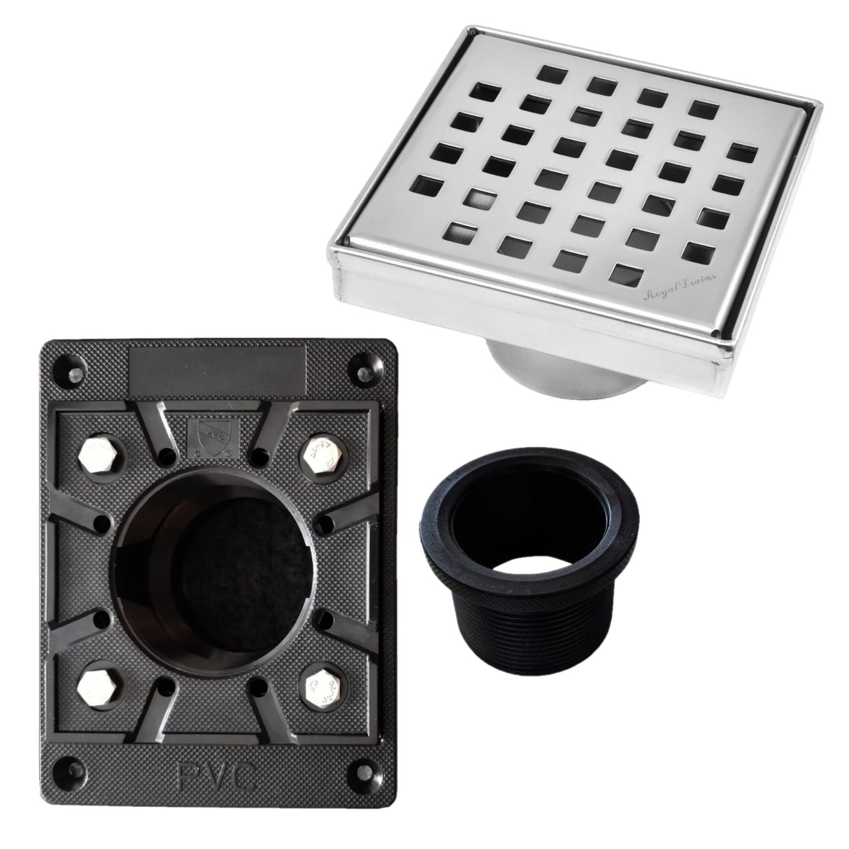 SereneDrains Square Shower Drain Kit with Base - Traditional Square - Polished Chrome - 4 Inch