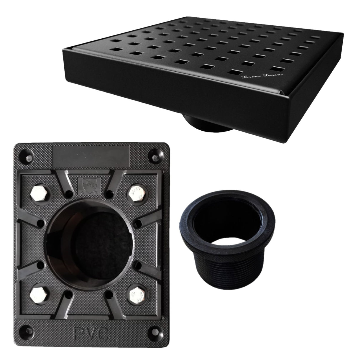 SereneDrains Square Shower Drain Kit with Base - Traditional Square - Matte Black - 6 Inch
