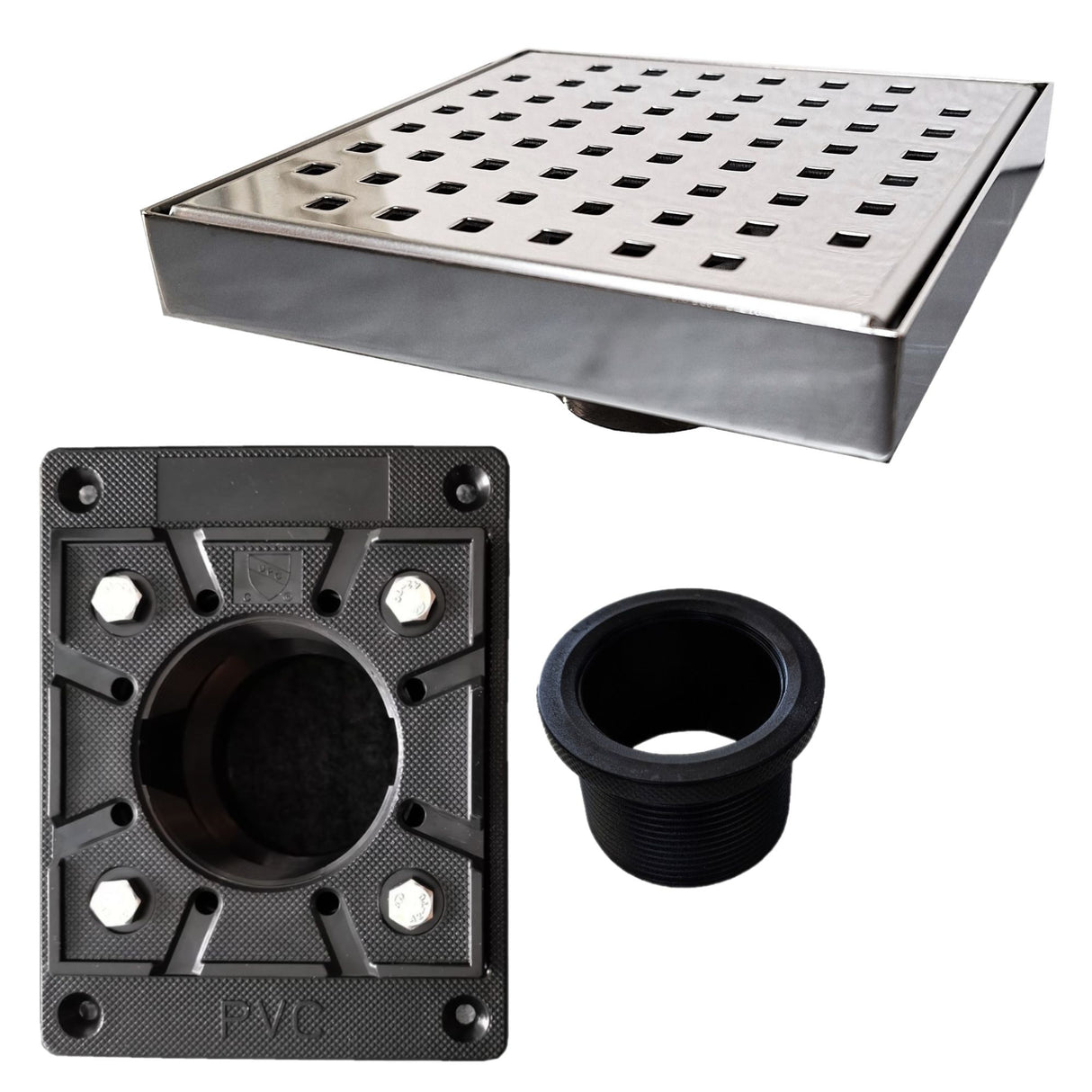 SereneDrains Square Shower Drain Kit with Base - Traditional Square - Polished Chrome - 6 Inch
