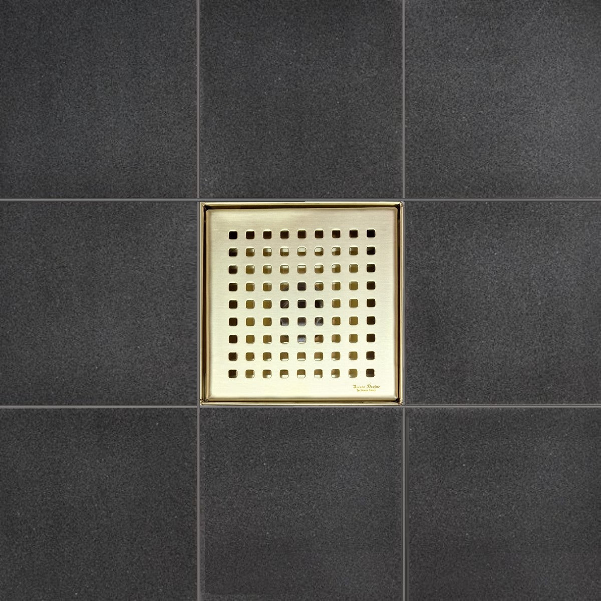 SereneDrains Square Shower Drain Kit with Base - Traditional Square - Matte Gold - 6 Inch