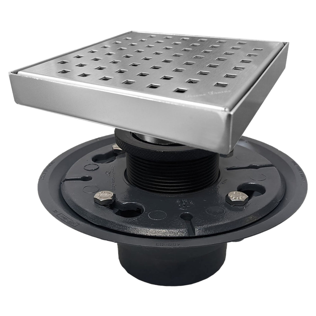 SereneDrains Square Shower Drain Kit with Base - Traditional Square - Brushed Nickel - 6 Inch