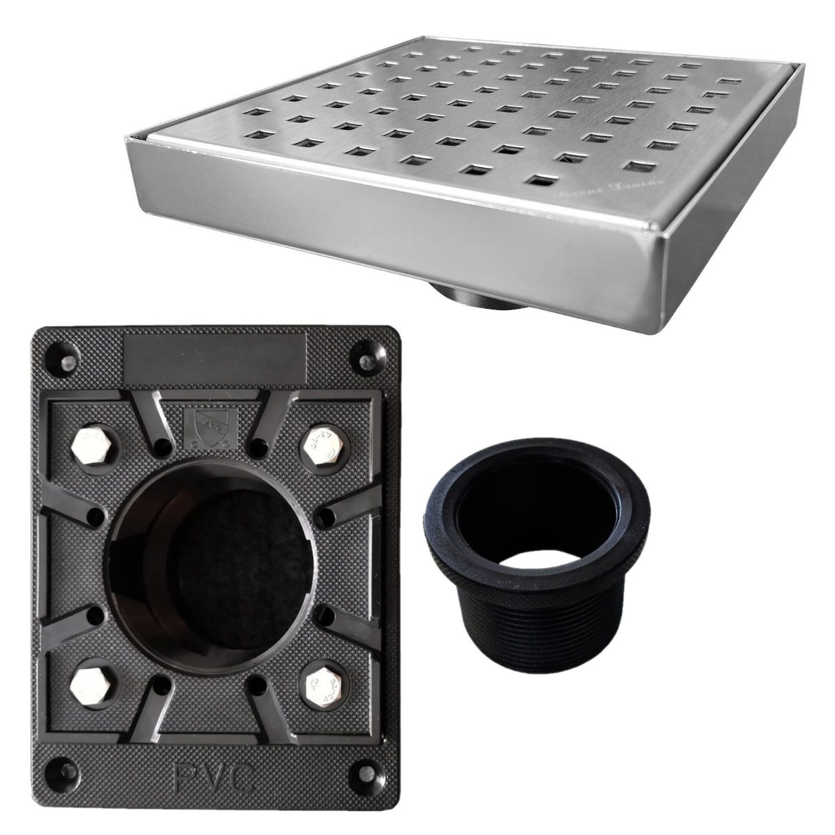 SereneDrains Square Shower Drain Kit with Base - Traditional Square - Brushed Nickel - 6 Inch