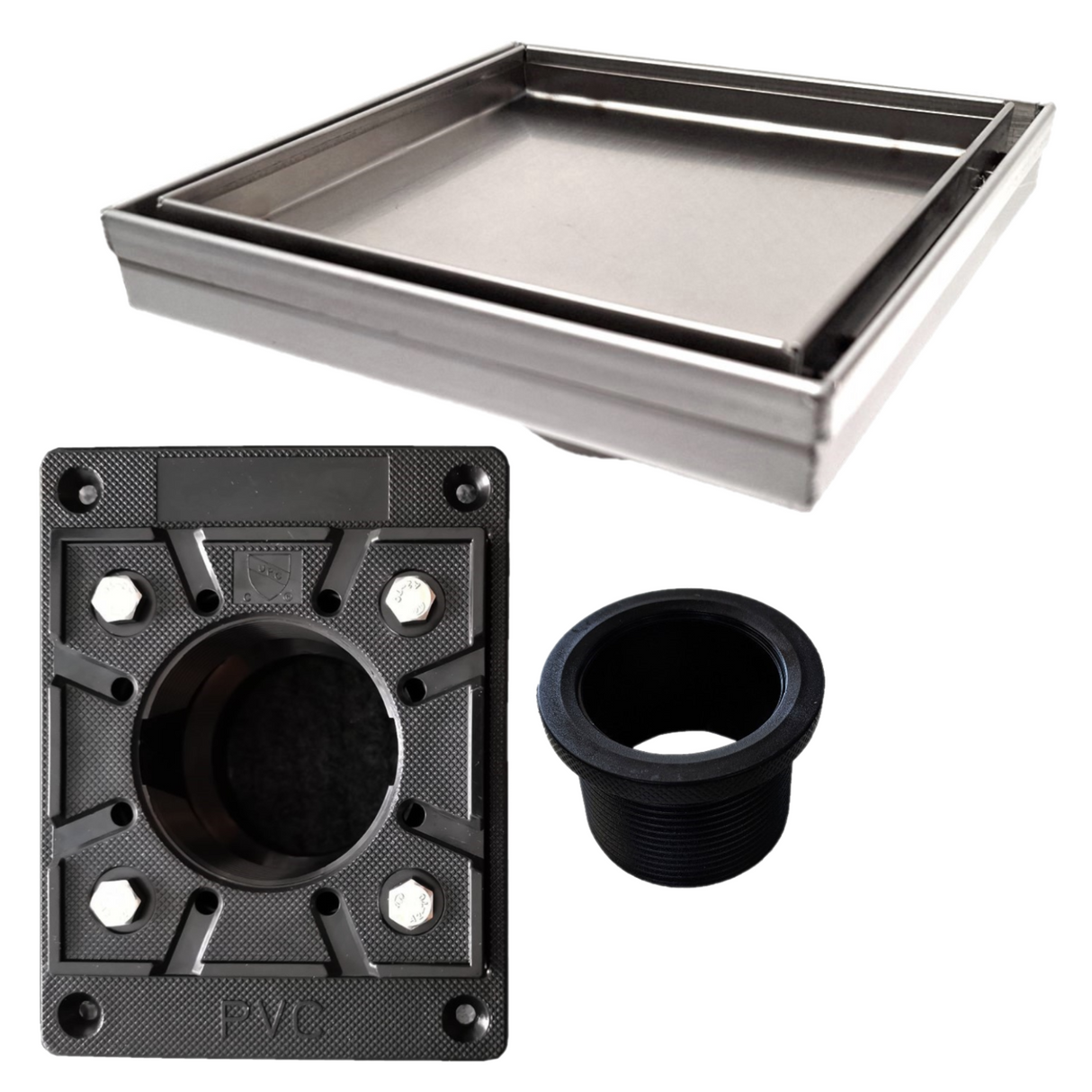 SereneDrains Square Shower Drain Kit with Base - Tile Insert - Brushed Nickel - 6 Inch