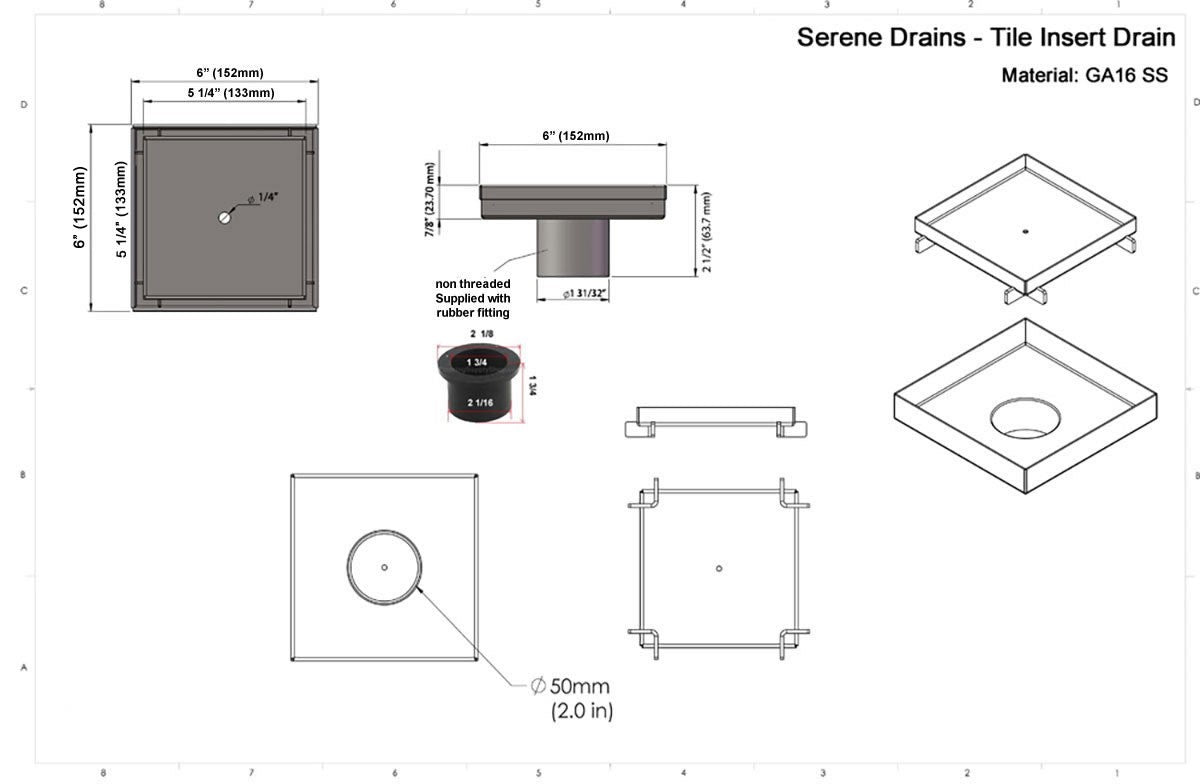 SereneDrains Square Shower Drain Kit with Base - Tile Insert - Brushed Nickel - 6 Inch