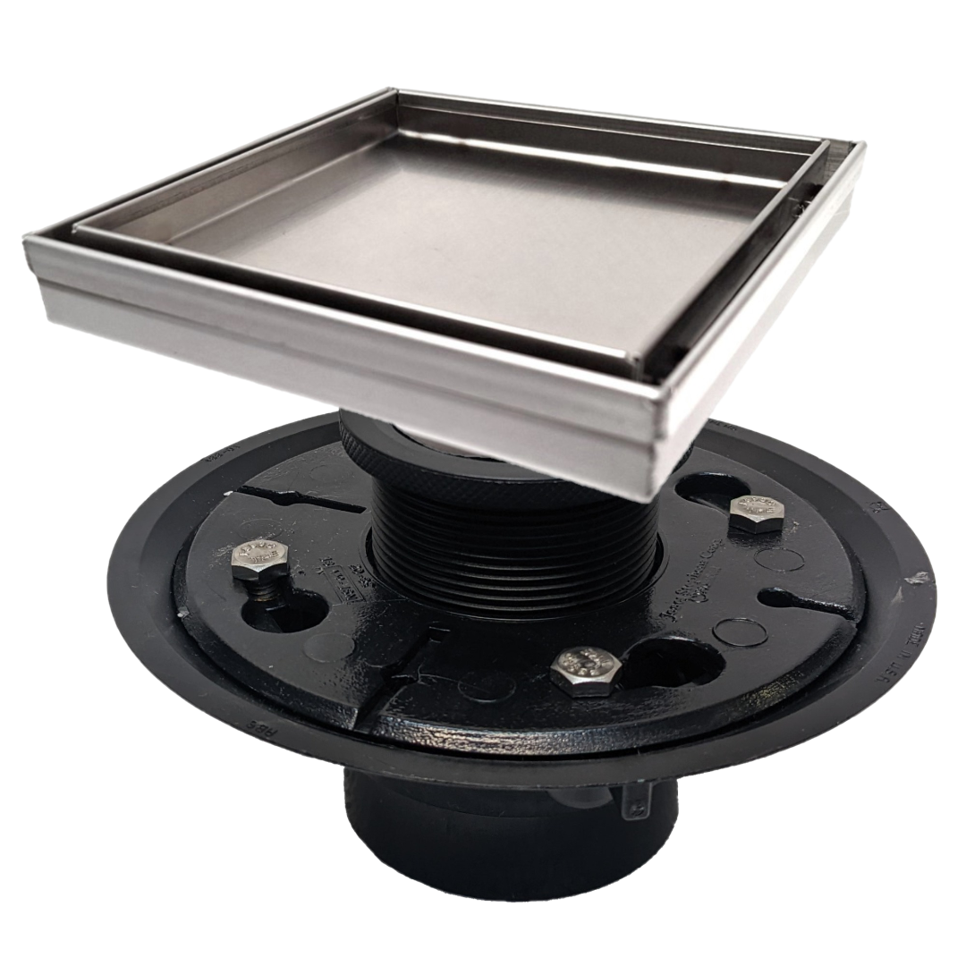 SereneDrains Square Shower Drain Kit with Base - Tile Insert - Brushed Nickel - 6 Inch