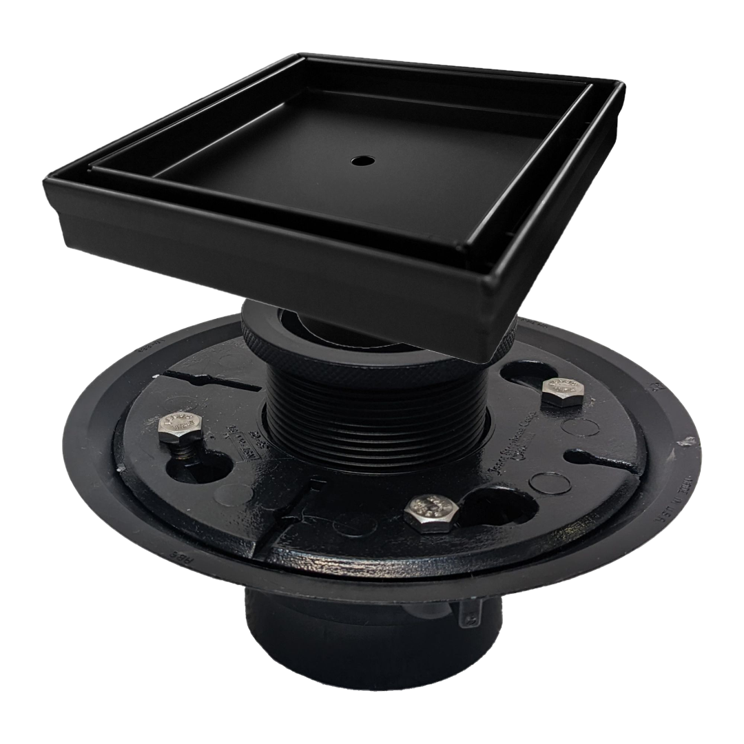 SereneDrains Square Shower Drain Kit with Base - Tile Insert - Matte Black - 5 Inch
