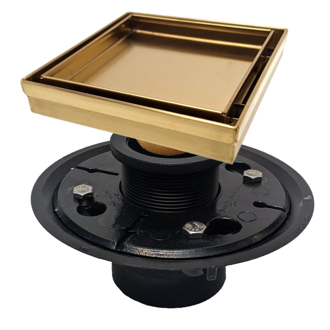 SereneDrains Square Shower Drain Kit with Base - Tile Insert - Matte Gold - 5 Inch
