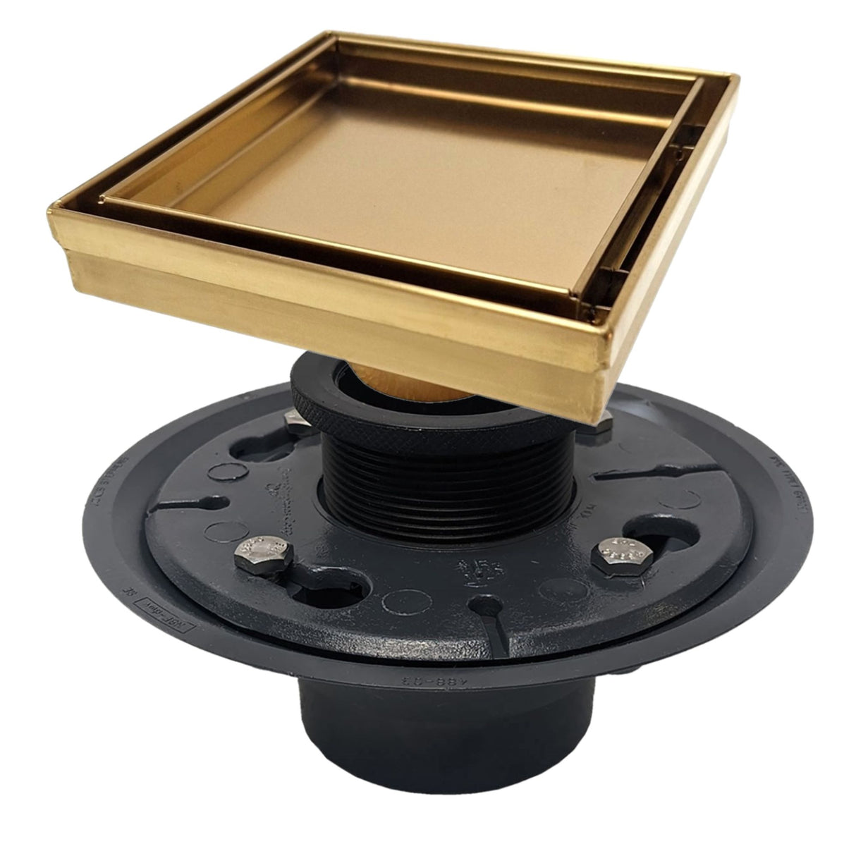 SereneDrains Square Shower Drain Kit with Base - Tile Insert - Matte Gold - 5 Inch