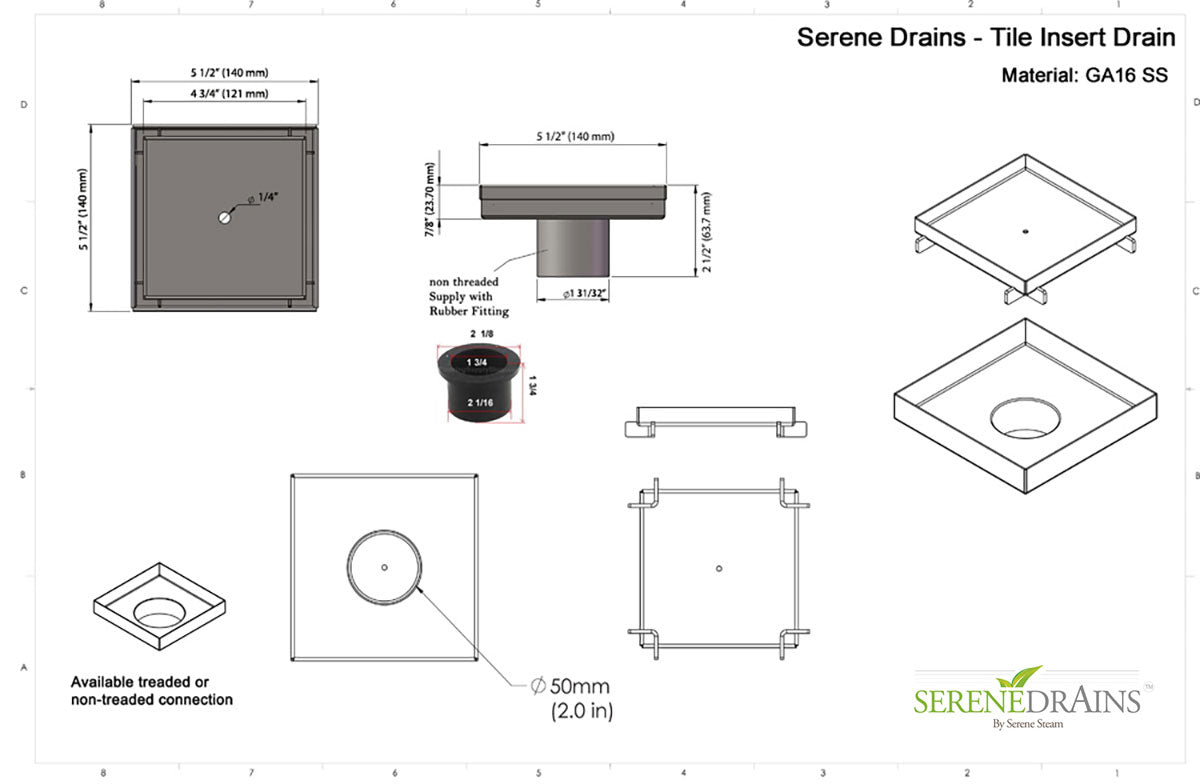 SereneDrains Square Shower Drain Kit with Base - Tile Insert - Matte Gold - 5 Inch