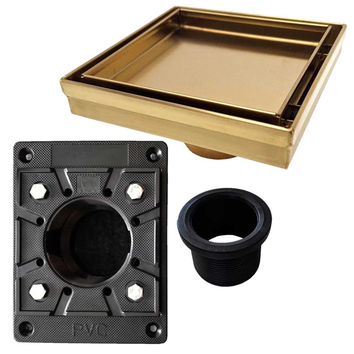 SereneDrains Square Shower Drain Kit with Base - Tile Insert - Matte Gold - 5 Inch Square PVC Plastic