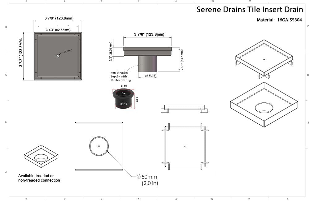 SereneDrains Square Shower Drain Kit with Base - Tile Insert - Brushed Nickel - 4 Inch