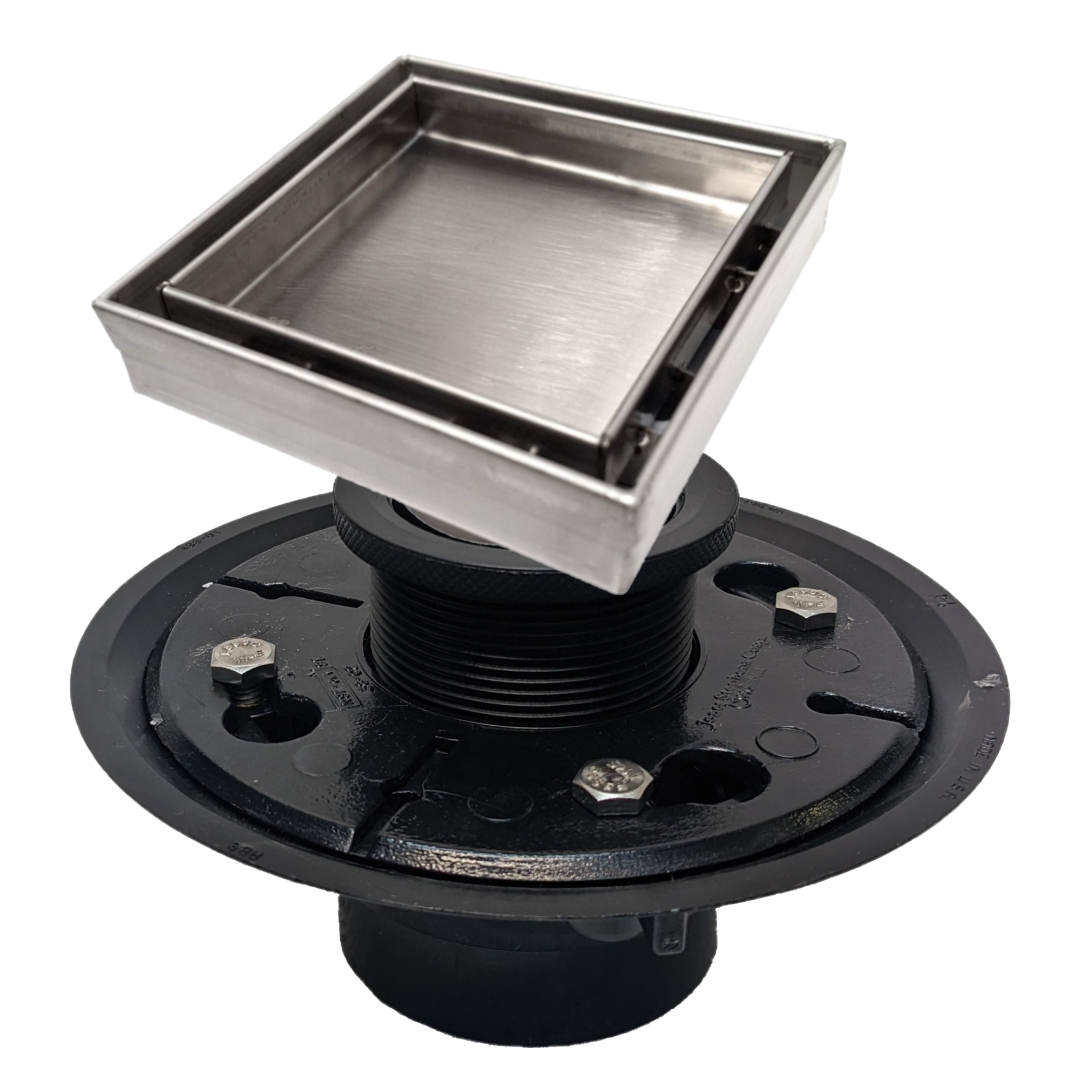 SereneDrains Square Shower Drain Kit with Base - Tile Insert - Brushed Nickel - 4 Inch