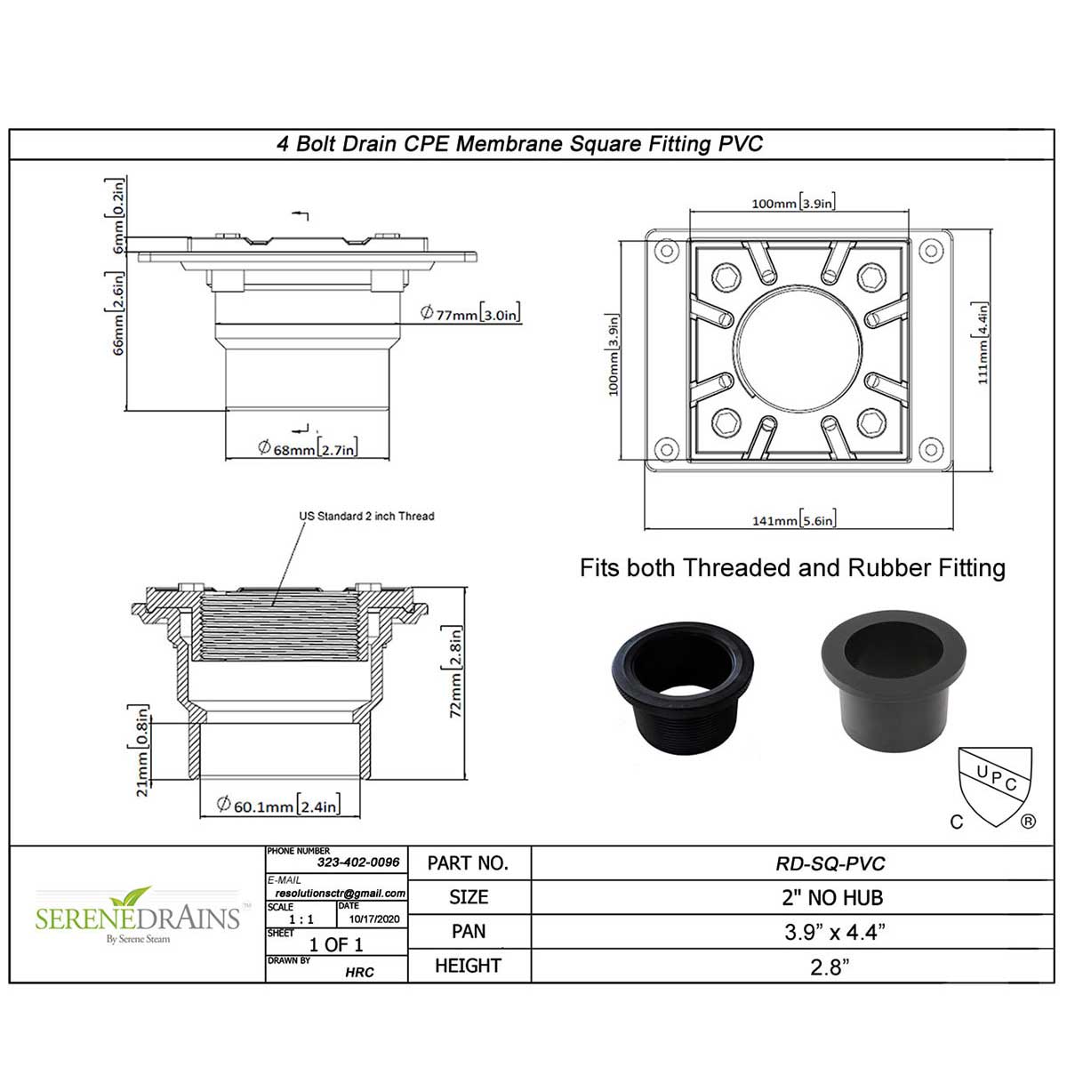 SereneDrains Square PVC 2 Inch Shower Drain Base for Linear Square Shower Drains