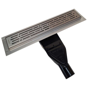 SereneDrains Wow Drain TM Side Discharge Outlet with Linear Shower Drain Horizontal Low Profile Brushed Nickel