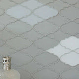 Geometric trellis glass mosaic tile in warm Doe Skin finish