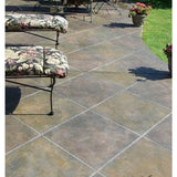 Patio with stone tiles, floral cushioned bench, and potted plants applied with Smith Paint Poly-SB