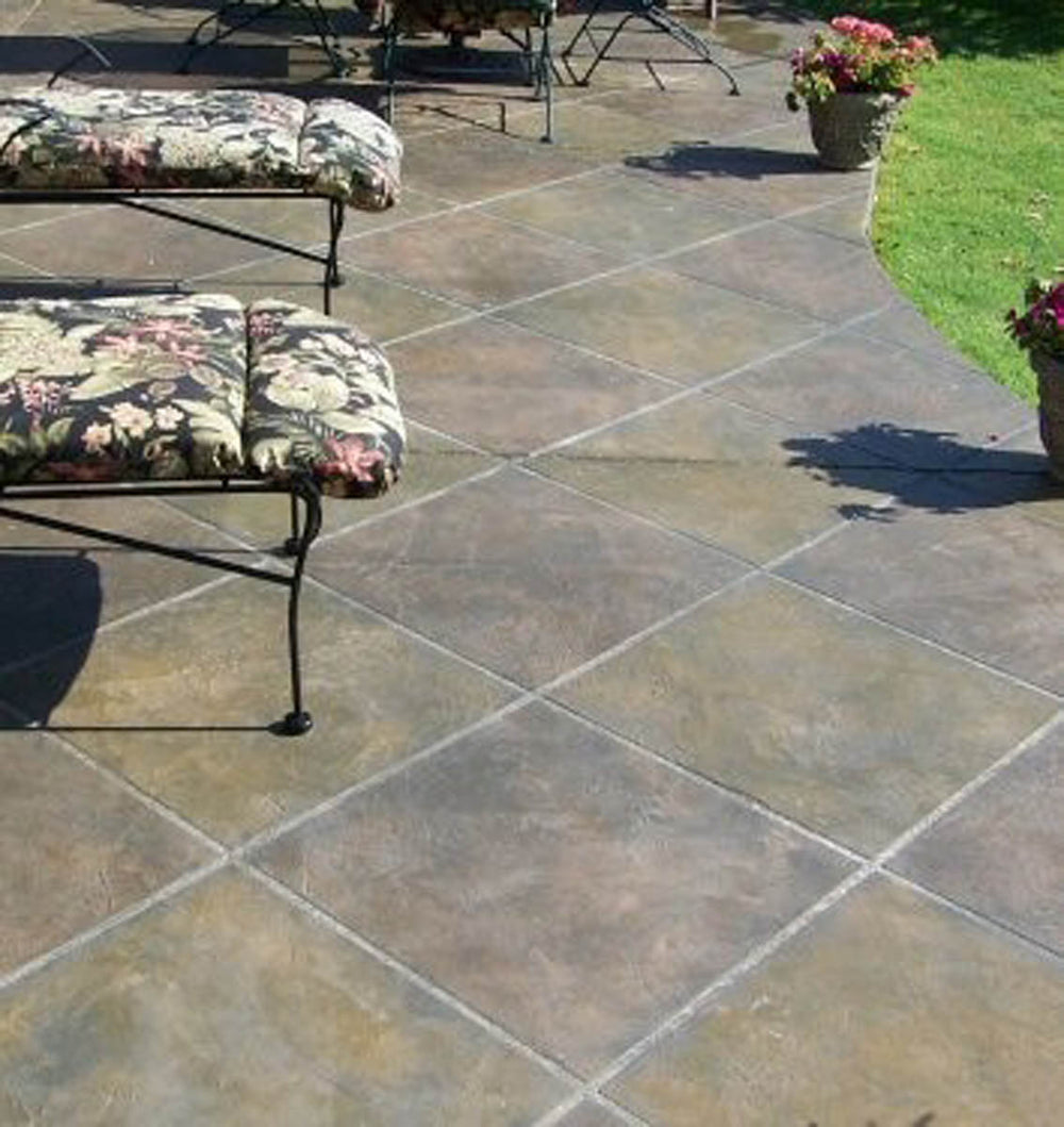 Patio with stone tiles, floral cushioned bench, and potted plants applied with Smith Paint Poly-SB