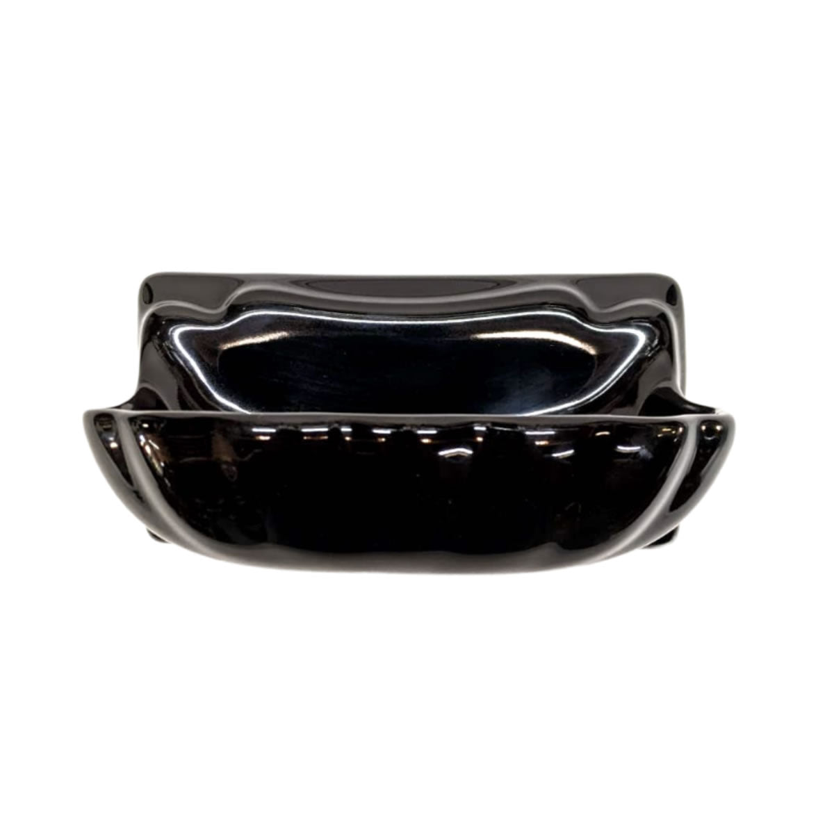 Black Glossy Porcelain soap dish bathroom accessory designed to blend with surrounding tile. 