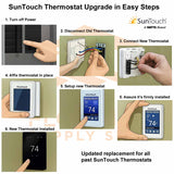 Step-by-step guide for upgrading a SunTouch thermostat with illustrations and text.