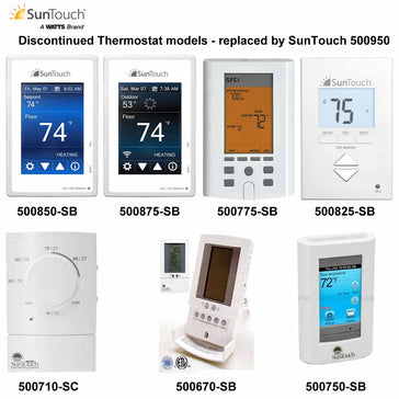SunTouch thermostat models with digital displays and text indicating discontinuation.