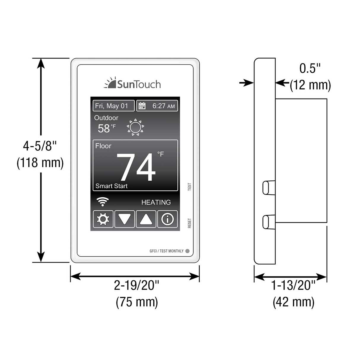 SunTouch thermostat with dimensions labeled on a white background