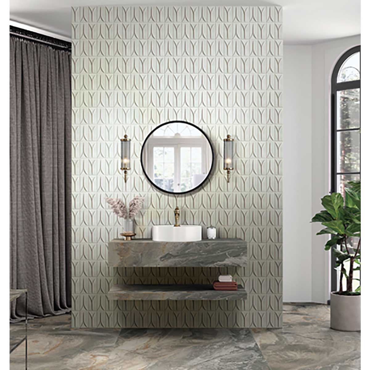 Bathroom with a vanity, round mirror, and Takao Magnolia 3x6 3D Matte Porcelain Wall Tile