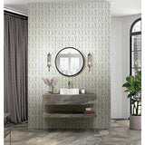 Bathroom with a vanity, round mirror, and Takao Magnolia 3x6 3D Matte Porcelain Wall Tile