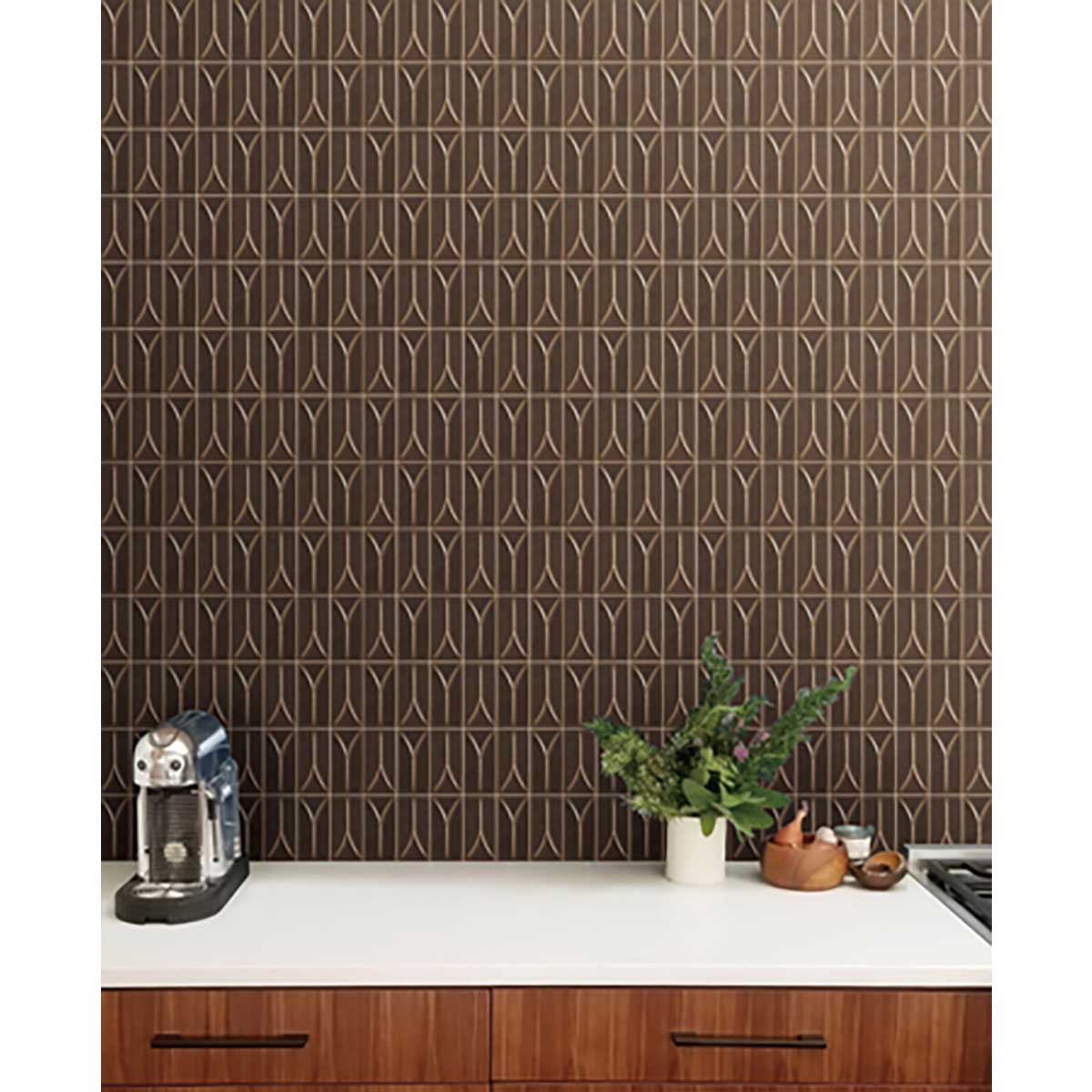 Kitchen counter with Takao Red Cedar 3x6 3D Matte Porcelain Wall Tile