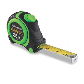 Komelon tape measure with green and black casing on a white background