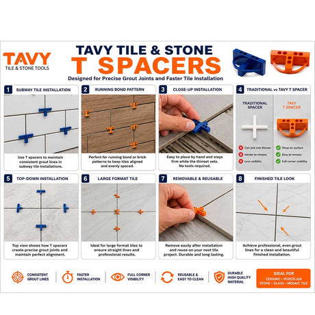 TAVY T Spacers installation guide showing tile spacer placement, grout alignment, and installation examples