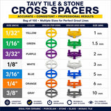 TAVY Tile and Stone Cross Spacers color chart with grout spacer sizes in inches and millimeters