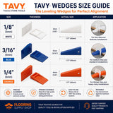 TAVY Two-Sided Wedge Spacers size chart showing color-coded wedge sizes in inches and millimeters