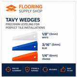 TAVY tile leveling wedge installation examples for wall tile, shower walls, and kitchen backsplashes