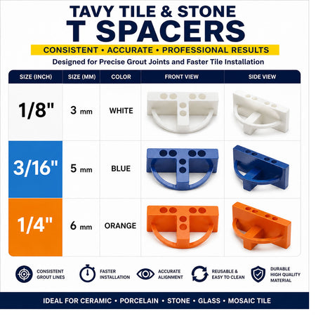 TAVY Two-Sided T Spacers size chart showing color-coded spacer sizes in inches and millimeters