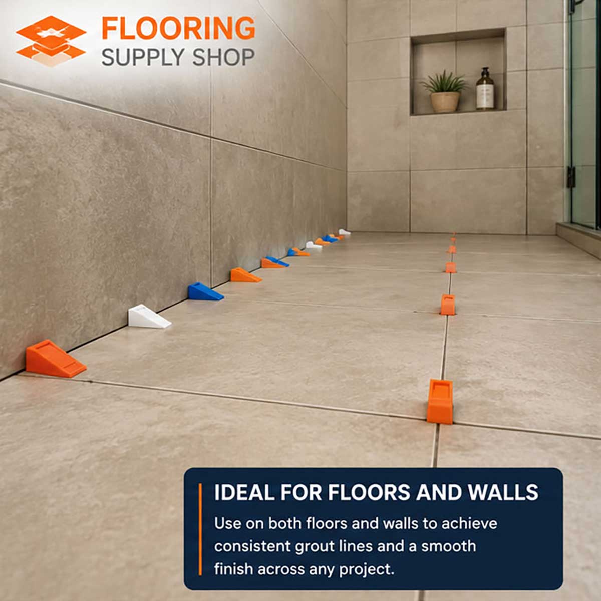 TAVY tile leveling wedges installed on a large format tile floor to create a flat, level surface with consistent grout joints