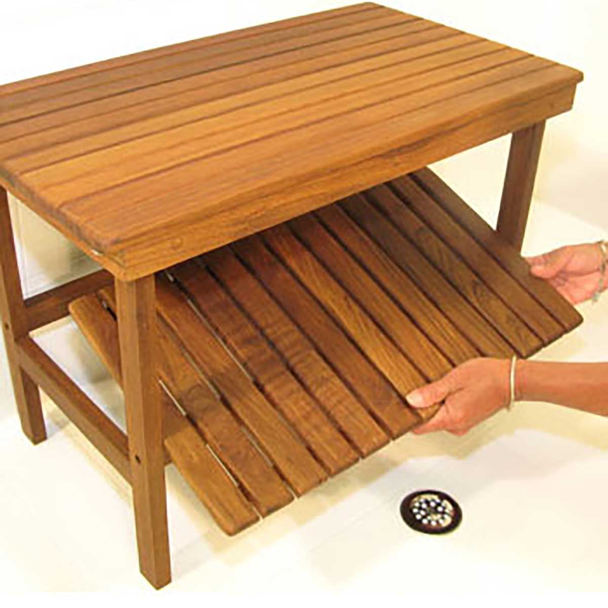 Teak shower bench with shelf in walk in shower