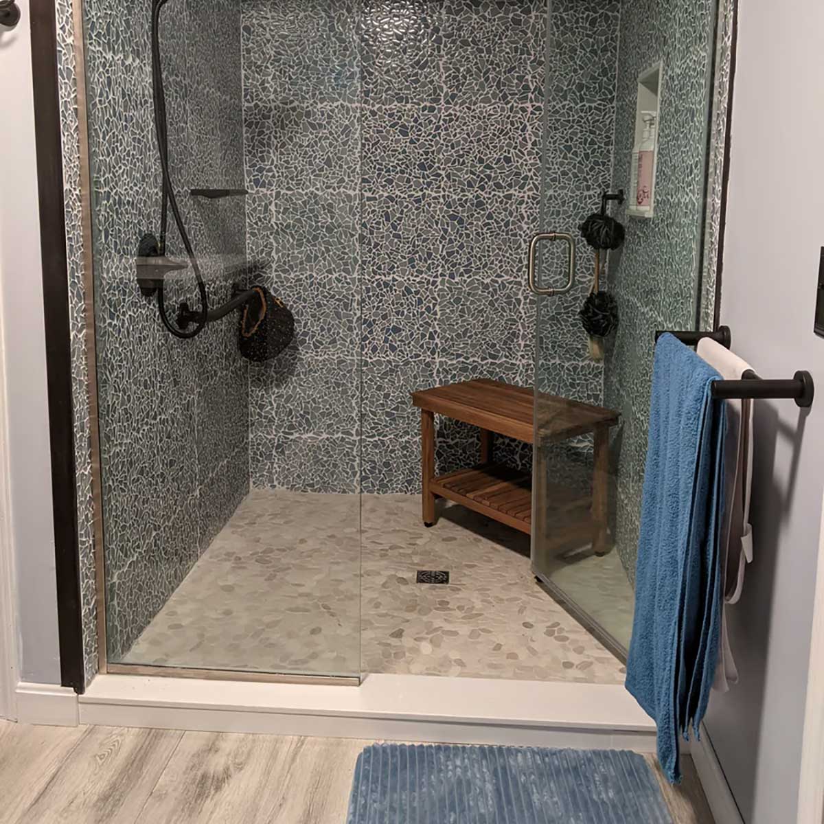 Premium teak bathroom bench in luxury spa
