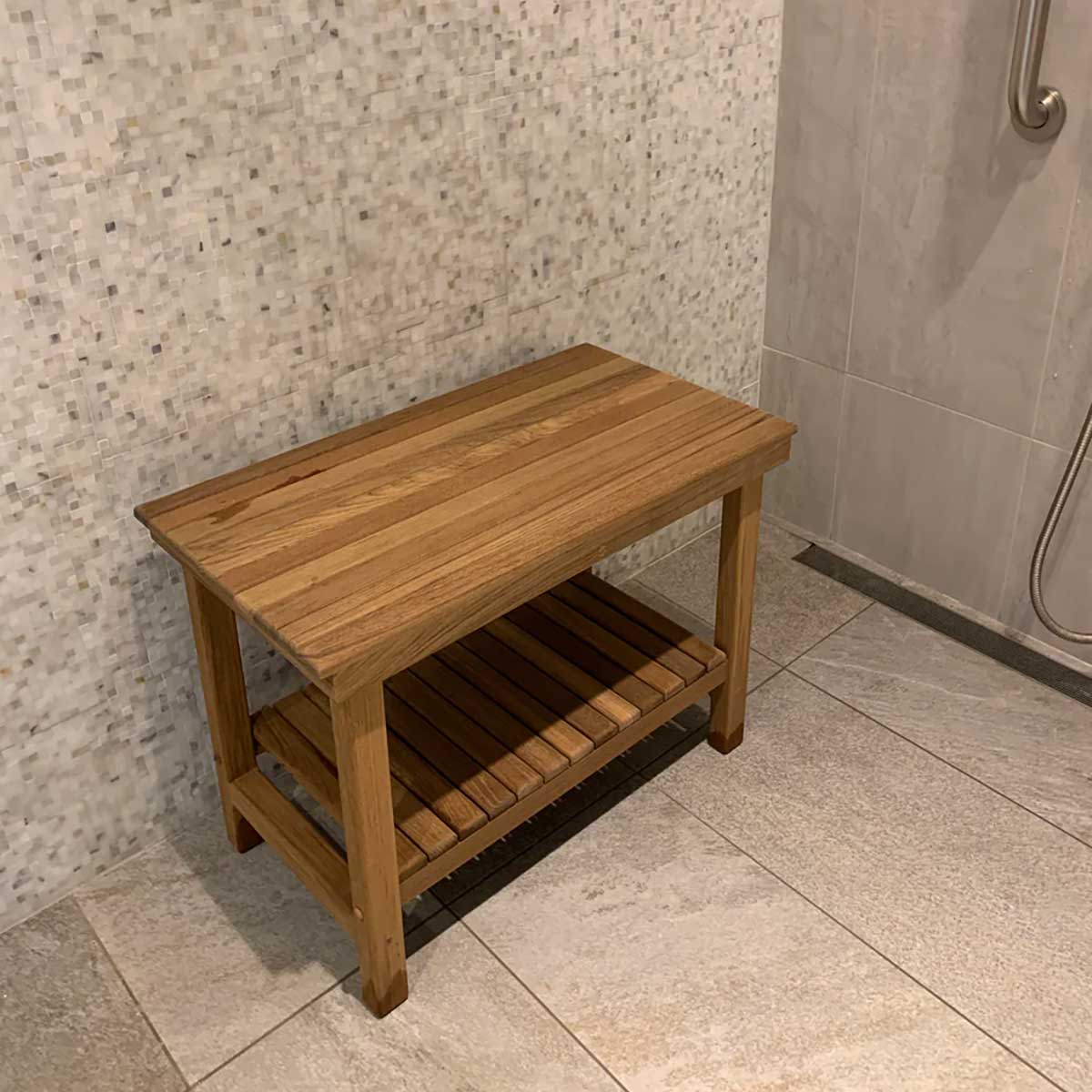 Plantation teak bench in outdoor shower