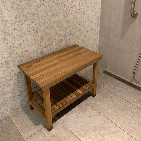 Plantation teak bench in outdoor shower