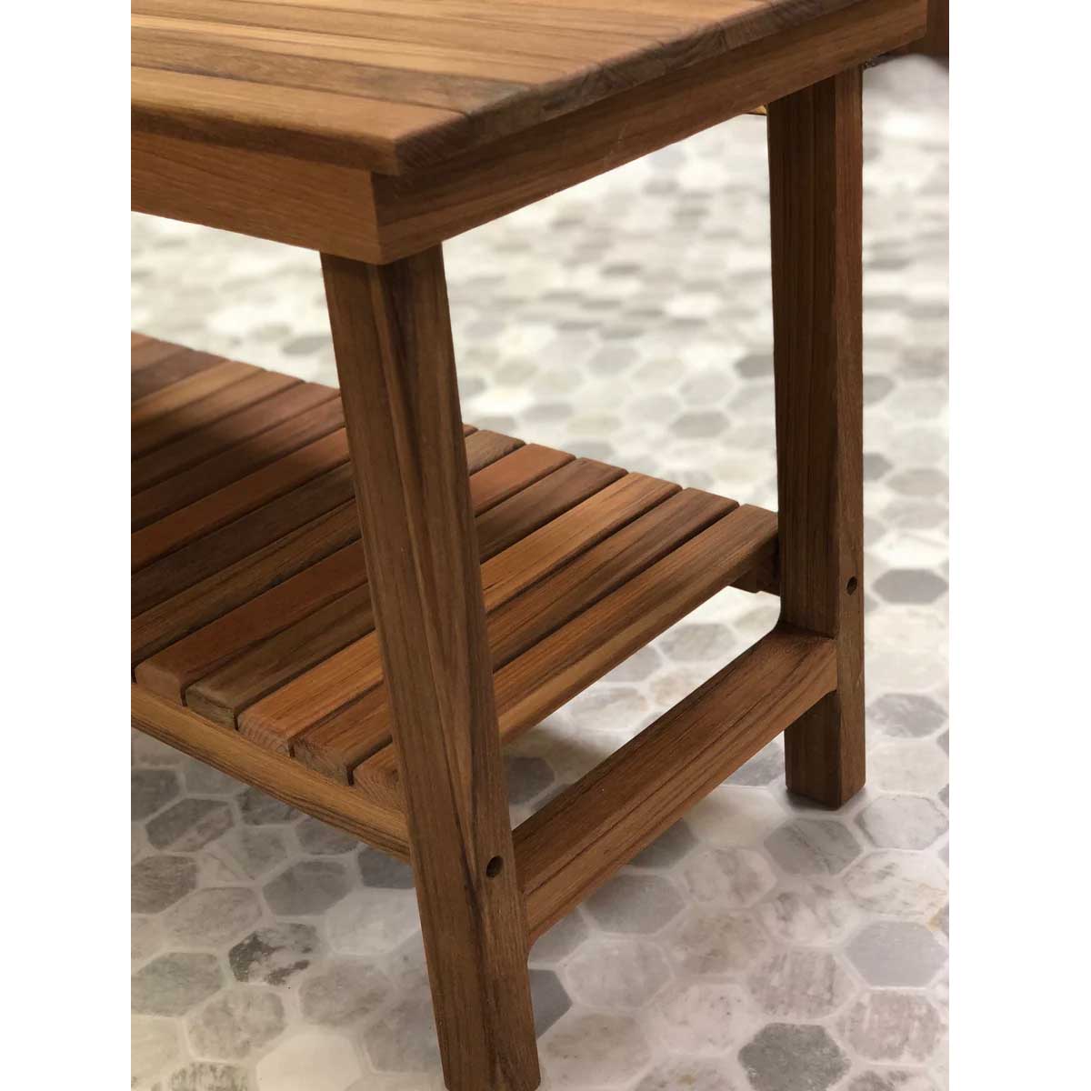 Marine grade stainless steel hardware on teak bench