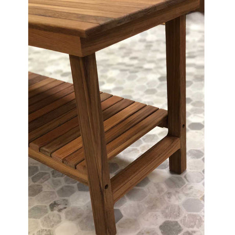 Marine grade stainless steel hardware on teak bench
