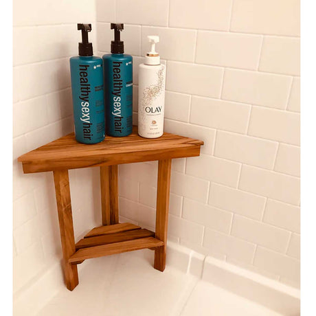 Teak corner shaving bench in walk in shower