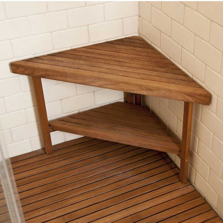 Teak corner shower bench installed in walk in shower