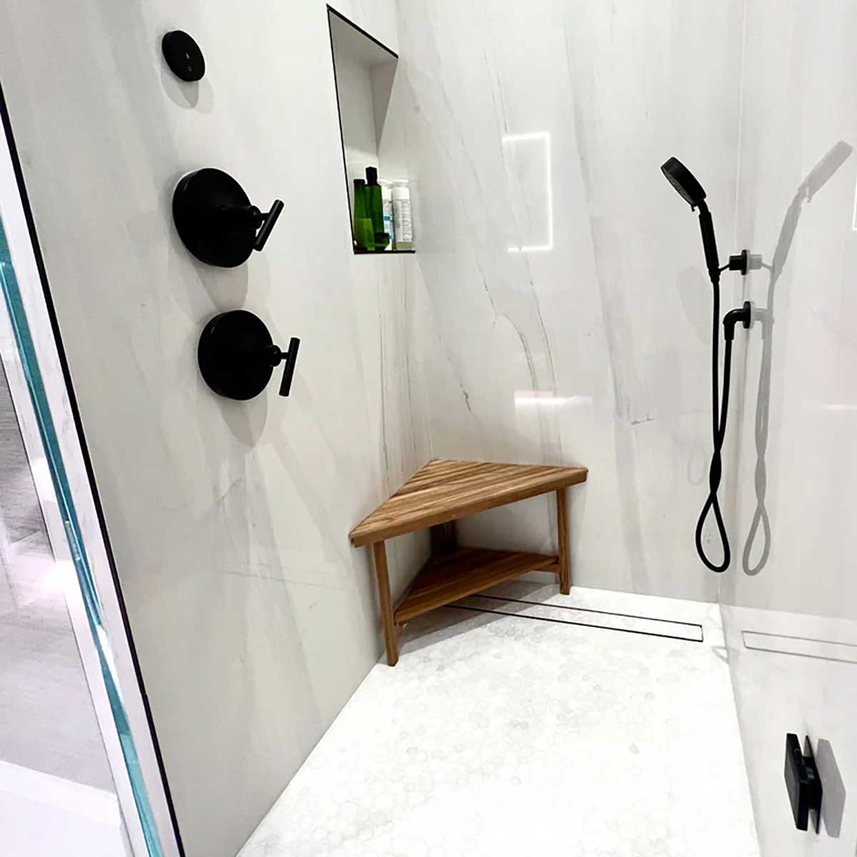 Extra large teak shower bench with storage shelf